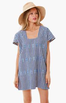 Sullivan Mini Blue Stripe Embroidered Canvas Caftan Dress