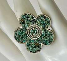 Artisan sterling silver mosaic turquoise large flower  ring