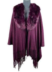 Young USA Knit Poncho Cape Shawl Faux Fur Collar Fringe OSFM Plum Purple NEW!