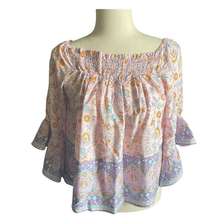 NWT-PETAL & PUP-GORGEOUS BOHO TOP-SIZE 2 Beautiful pinks and blues boho top, elastic neckline, can be worn in or off shoulder, ruffle sleeves, 100% rayon, new with tags, size 2 Measurements: Bust: armpit to armpit 17-19 inches  Length: shoulder seam to bottom 22 inches 