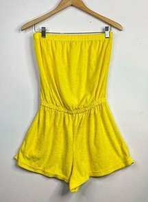 Vintage 80s Sunny Yellow Terry Cloth Strapless Romper Shorts 1 piece outfit M S