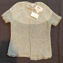 NWT Chico’s 0 Cardigan 4 Gray Sweater Silver Short Sleeve Colorblock Tulle Grey