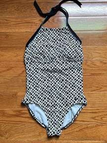 GUC Nike Halter High Neck Scoop Back One Piece Bathing Suit Black White Spotted