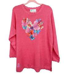 The Quacker Factory Vintage Butterfly Sweater with Sequins Crewneck Pink