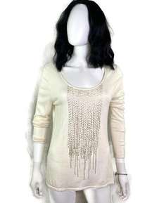 Josie Natori Beaded Sequin Blouse Fringe Knit Top Long Sleeve‎ Women's Size M