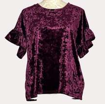 Z Supply Crushed Velvet Ruffle Sleeve Blouse Crop Knit Top Maroon S