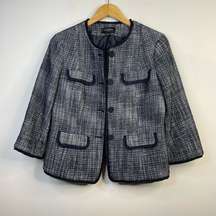 Classic Preppy Navy Blue Tweed Ruffle Blazer Jacket Cotton Wool womens 8