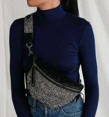 Black Tweed Quilted Faux Leather Convertible Fanny Pack / Belt Bag