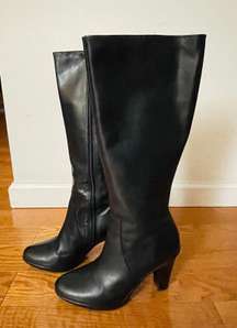 women's black leather side zip heels boots