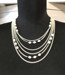 Vintage Monet Women's Beaded Six Strand Chain Necklace White Metal Jewelry