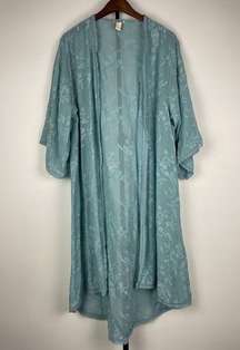 Forever 21 Blue Floral Long Embroidered Sheer Open Front Duster Kimono