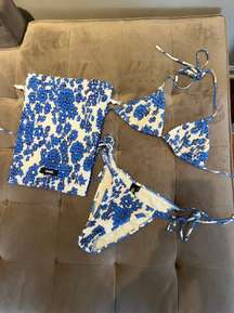 blue and white floral swimsuit