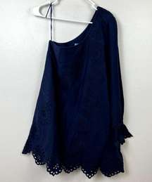 Hill House Milla Linen Eyelet Mini One Shoulder Dress Womens Sz. Small Navy Blue