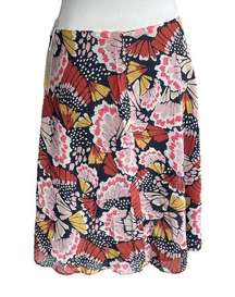 Boden Crinkle Bias-Cut Petal Stamp Midi Skirt Navy Pink Orange Yellow Size 6