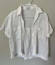 Linen White Short Sleeve Button Up Top