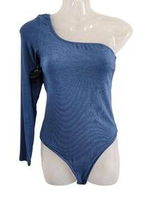 Klassy Network One Shoulder Brami Bodysuit Blue Top Built in Bra Size Medium