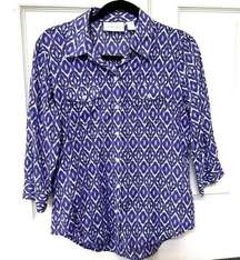 Chico’s purple geometric print button down shirt