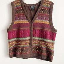 Vintage NY&CO Vest Size L Wool Striped Earth Tones Fair Isle Granny Core V-Neck