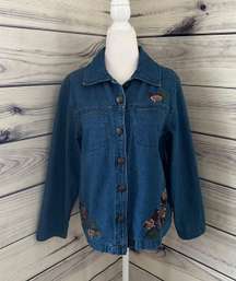 Vintage Denim Winter Embroidered Button Down Shirt Jacket