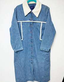 Vintage Blue J. Denim Coat Womens Sherpa‎ Trimmed Long Length XL