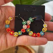 NWT Beaded Multicolor Daisy Hoop Earrings
