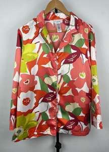 Natori Multicolor Floral Spring Satin Long Sleeve Pajama Button Up Blouse Size M