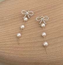 Elegant Bow White Pearl Dangle Drop Earrings for Women