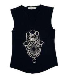 Julia Womens Raw Edge Embroidered Hand Of Fatima Tank Top Black Small NWOT