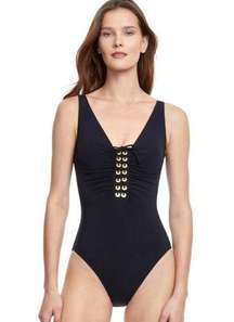 New! Gottex Golden Touch One Piece V Neck Swimsuit