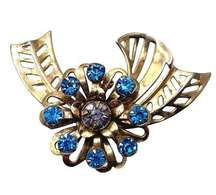 Vintage Blue Faceted Flower Gold Tone Fashion Brooch Pin Open Work Round Stones