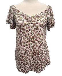 NEW Acting Pro White Pink Yellow Green Floral Ruffle Sleeve Top