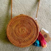 HANDCRAFTED IN VIETNAM WOVEN RATTAN GENUINE LEATHER CIRCLE PATTERN CROSSBODY BAG