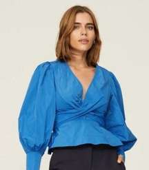 Rent the runway sz 6 veronica beard blue seema puff sleeve v neck blouse tie