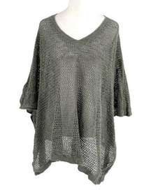 J Jill Linen Blend Relaxed Knit Poncho Crochet Sweater Olive Green One Size