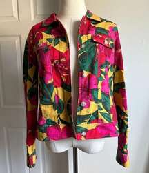 Jones & Co Pink Yellow Green Tropical Floral Button Down Jacket