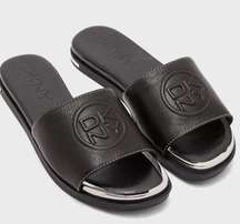 New DKNY Baby Black Embossed Signature Leather Slides sandals size 8.5