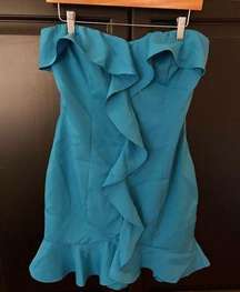 Blue Ruffle Strapless Mini Dress