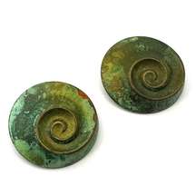 Green swirl brass round post artisan earrings