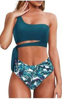 NEW MOOSLOVER 1 Shoulder High Waisted Bikini Tie High Cut Two Piece Swimsuits XL