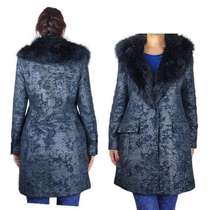 Badgley Mischka Coat Faux Fur Collar Metallic Blue & Black Cotton Blend Size M