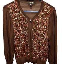 DKNY 100% Tussah Silk
Blouse Sweater Cardigan
Brown Floral size Medium