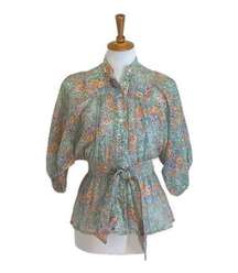 Front Row Center Peasant Sleeve Blouse Green Size M Floral Vintage Boho Cottage