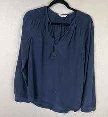 Rebecca Taylor Women's V Neck Smocked Blouse Top Long Sleeve Navy Blue Size 4