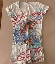 Women’s  Graphic Tshirt Blue With Koi Fish - Slim Fit Size XS