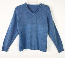 Vintage Blue Heathered Knit V Neck Sweater Size M