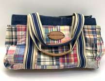 Tommy Hilfiger Vintage Blue Canvas Denim Plaid Tote Bag