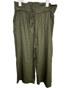 J.Jill Olive Green Linen Blend Wide Leg Paperbag Waist Tie Detail Pants Size L