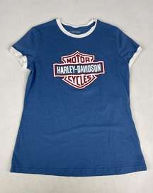 Harley-Davidson Women's Essential Bar & Shield‎ Ringer Tee - Blue EUC Harley Tee