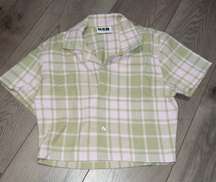 NIP BSR x  Green Pink Plaid Button Down Cropped Shirt Size Small