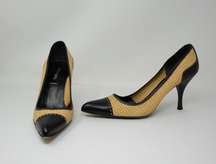 Prada Woven Raffia Genuine Leather Cap Toe High Heels Pumps Shoes Neutral Black